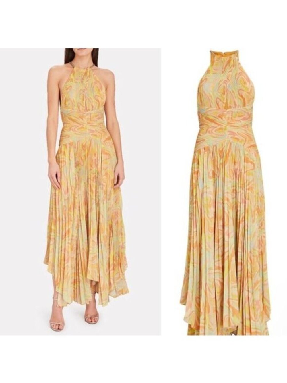 NWT AIIFOS Grace Pleated Halter Chiffon Gown in Peach and Yellow size 6 - Picture 2 of 12